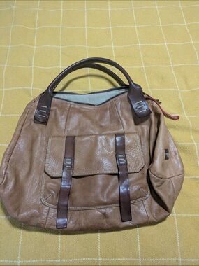 Leather Hobo Bag in Tan with Dark Brown Accents